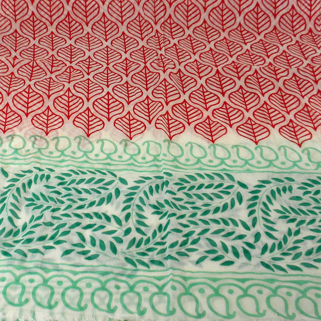 Red and Green Leaf Design Cotton Scarf - Asha Handicrafts