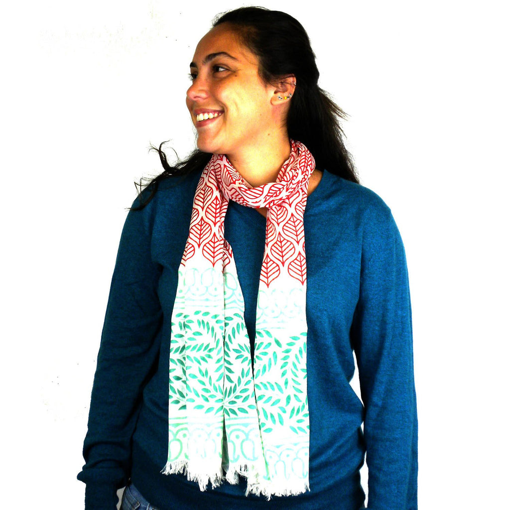 Red and Green Leaf Design Cotton Scarf - Asha Handicrafts