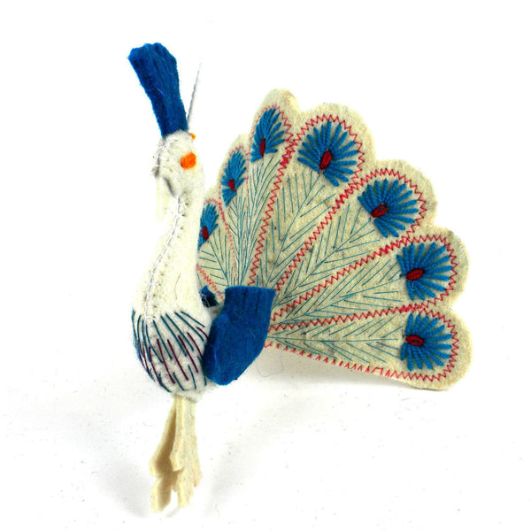 White Peacock Turquouse Felt Holiday Ornament - Silk Road Bazaar (O)