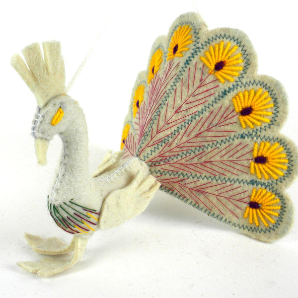 White Peacock Yellow Trim Felt Holiday Ornament - Silk Road Bazaar (O)