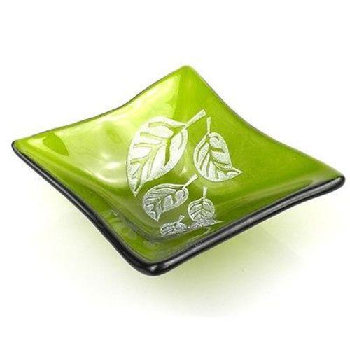 Etched Leaf Small Recycled Green Glass Dish Handmade and Fair Trade