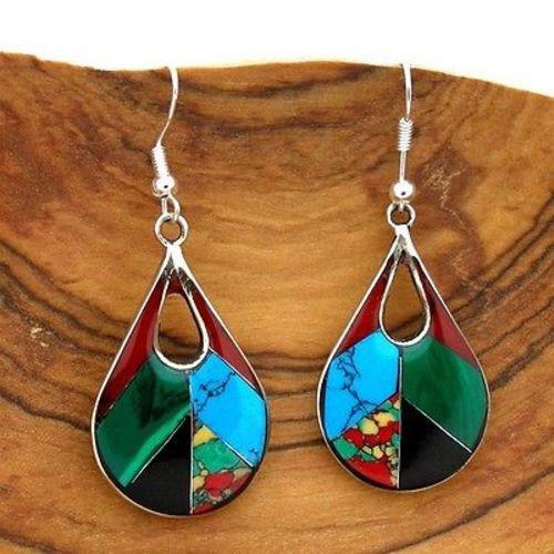 Open Alpaca Silver Teardrop Diagonal Mosaic Stone Earrings Handmade and Fair Trade