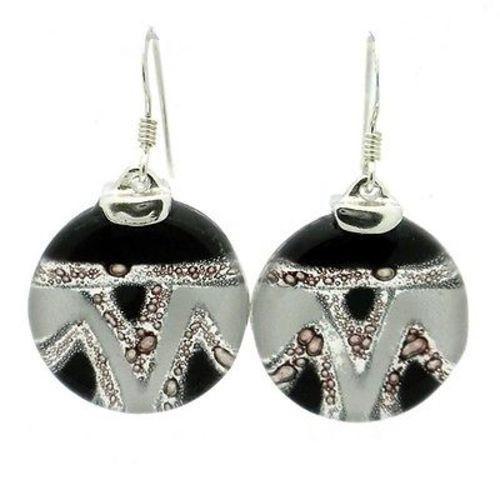 Aztec Black and White Round Glass Sterling Silver Earrings Handmade and Fair Trade