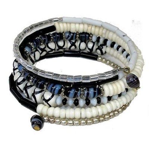 Five Turn Black & White Bead and Bone Bracelet Handmade and Fair Trade