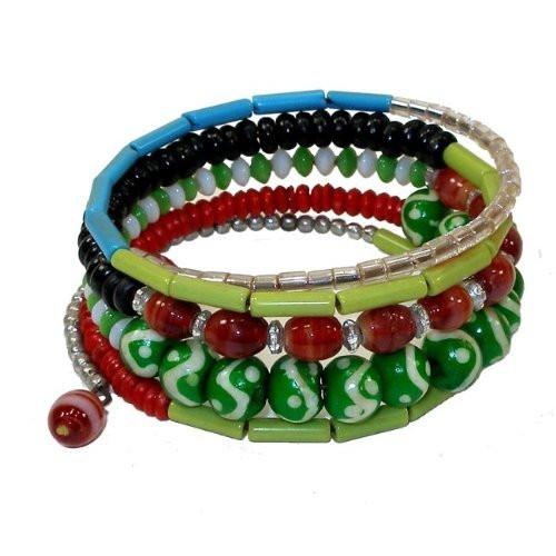 Five Turn Bead and Bone Bracelet - Green & Blues - CFM