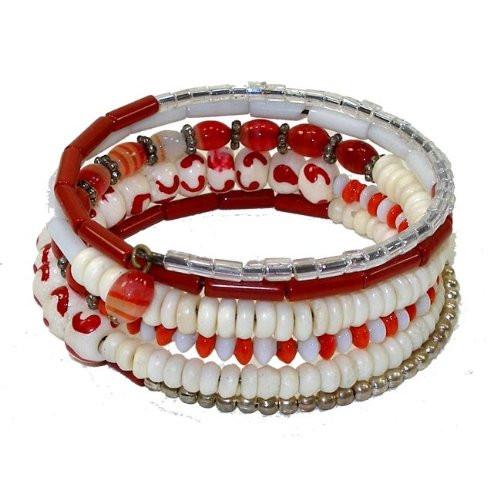 Five Turn Bead and Bone Bracelet - Reds - CFM