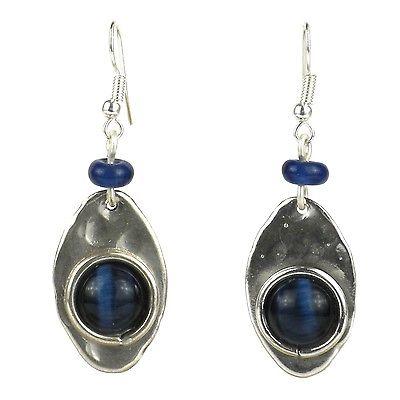 Blue Tiger Eye Silverplated Earrings - Brass Images (E)