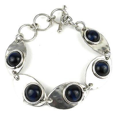 Blue Tiger Eye Link Silverplated Bracelet - Brass Images (C)